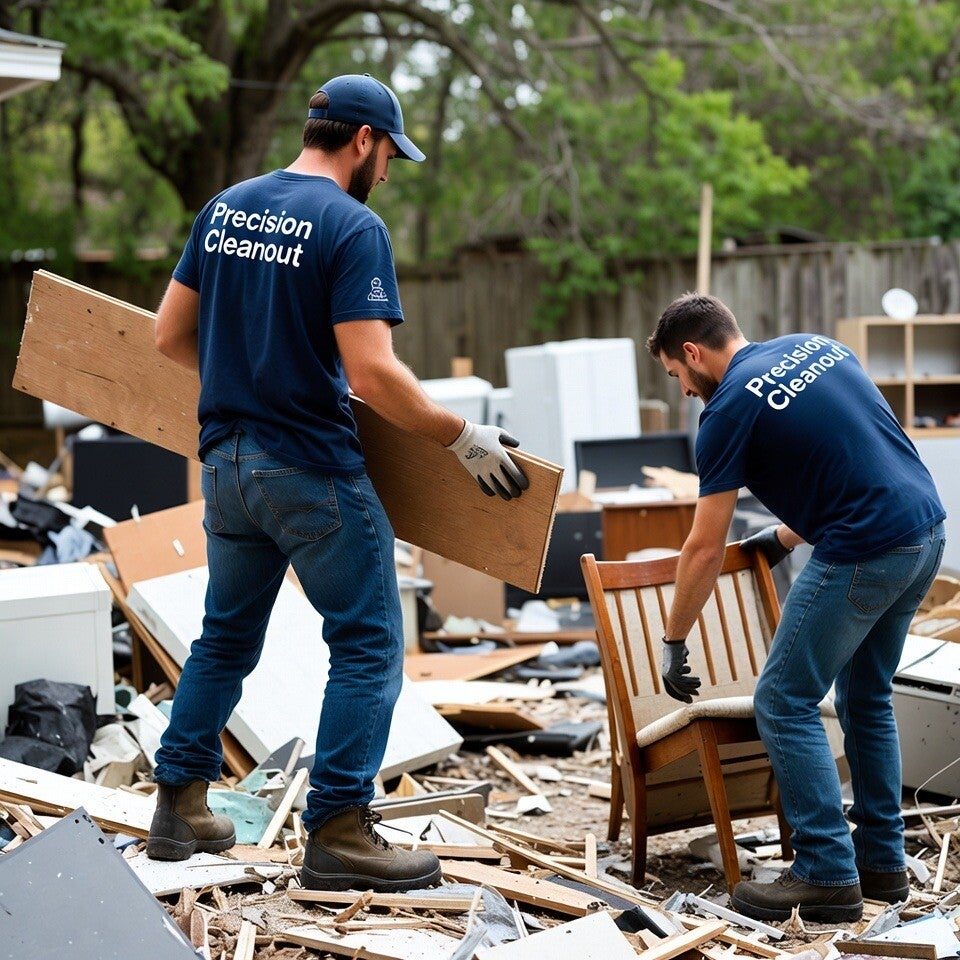 Precision Cleanouts crew in company shirts carrying boards and an old chair out of a debris-covered yard