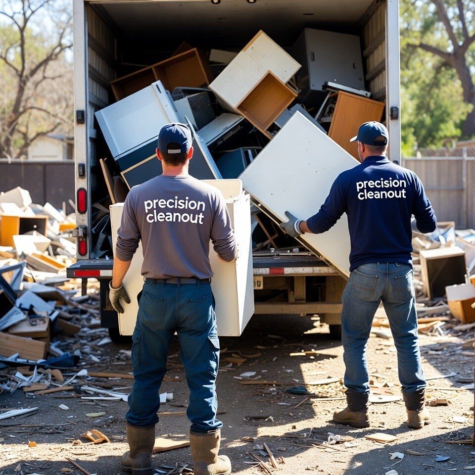 Two Precision Cleanouts crew members in company shirts unloading boards and debris from the back of a box truck